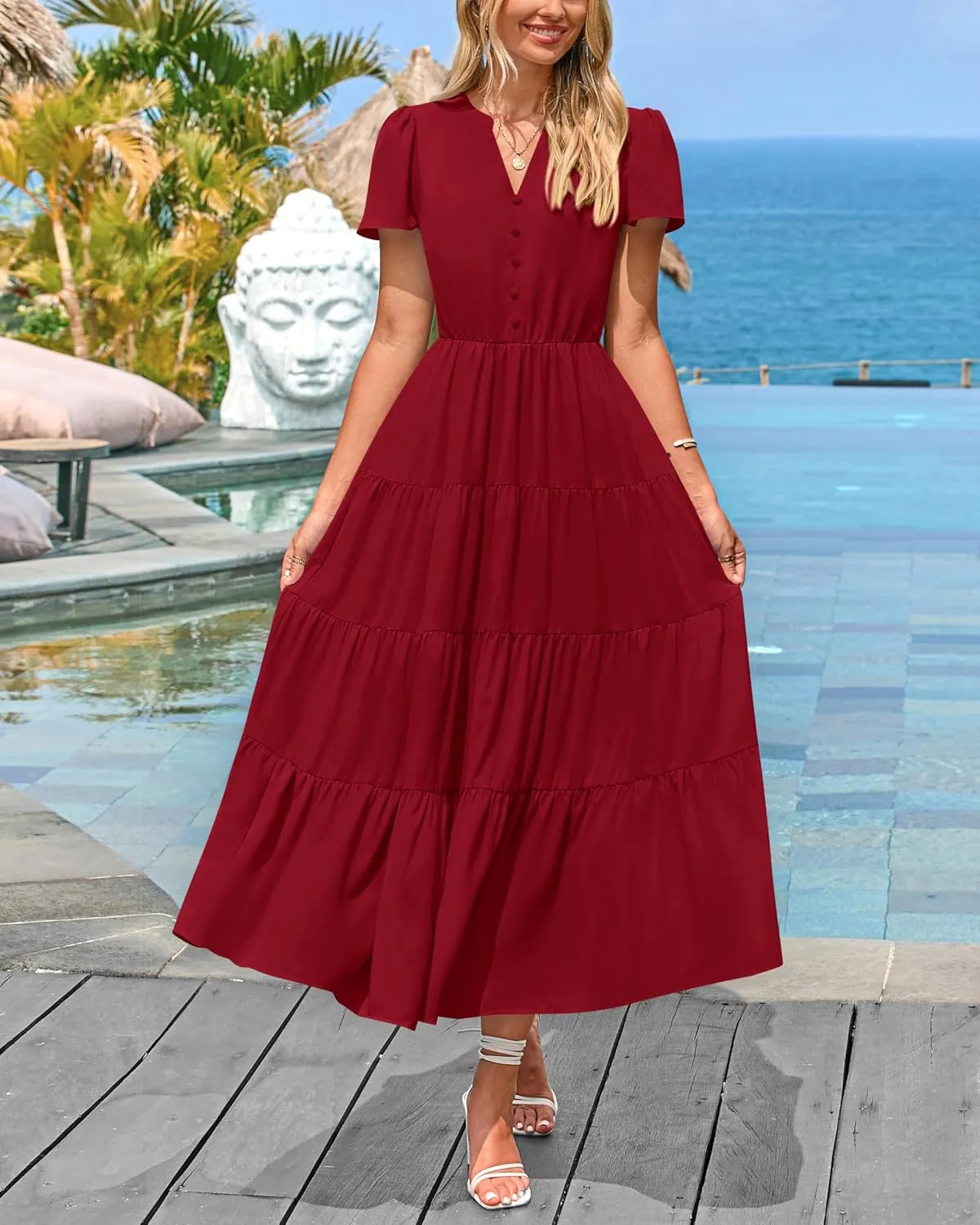 PRETTYGARDEN Women Summer Midi Dresses 2025 Casual Short Sleeve V Neck Belted Tiered Ruffle Vacation Dress with Pockets