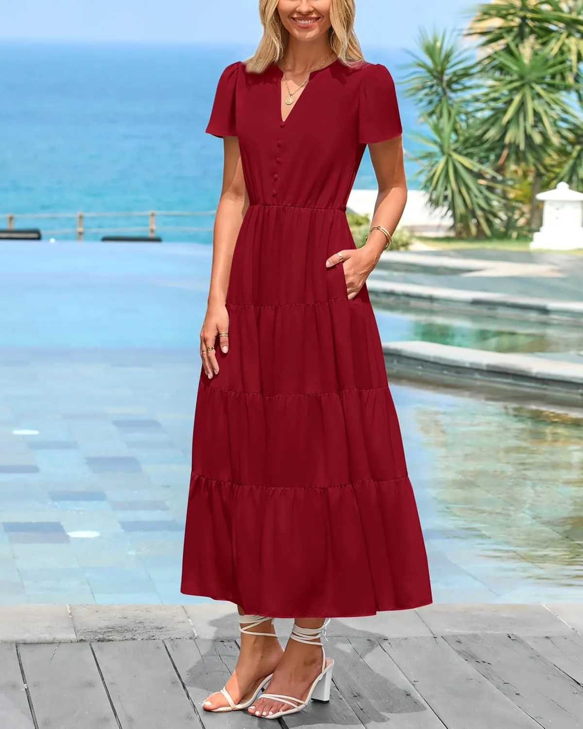 PRETTYGARDEN Women Summer Midi Dresses 2025 Casual Short Sleeve V Neck Belted Tiered Ruffle Vacation Dress with Pockets