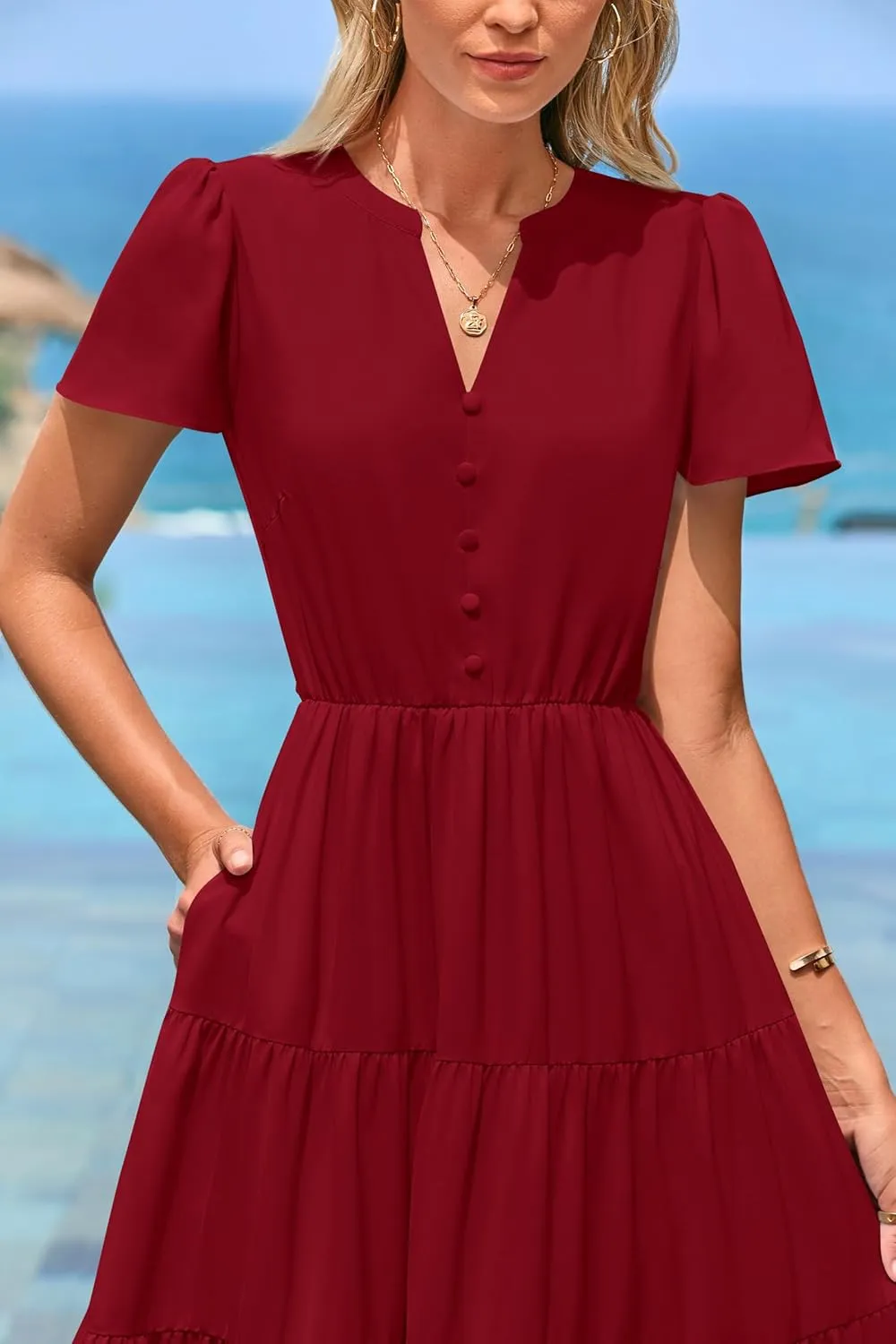 PRETTYGARDEN Women Summer Midi Dresses 2025 Casual Short Sleeve V Neck Belted Tiered Ruffle Vacation Dress with Pockets