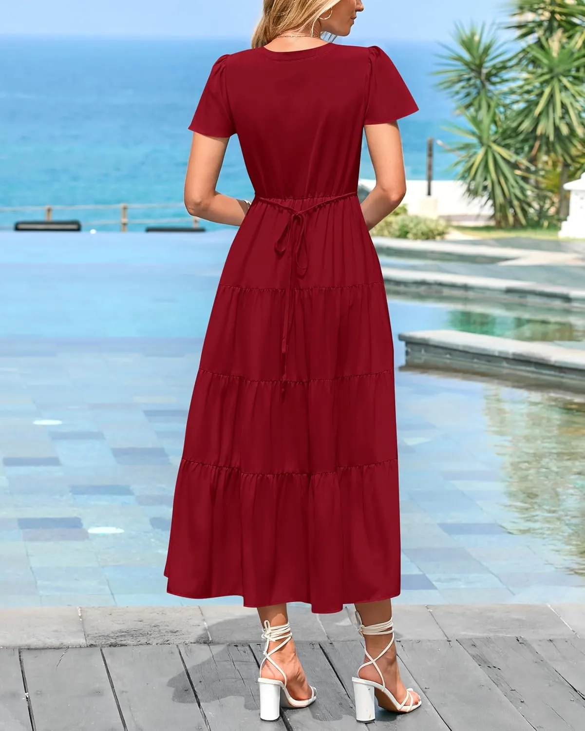 PRETTYGARDEN Women Summer Midi Dresses 2025 Casual Short Sleeve V Neck Belted Tiered Ruffle Vacation Dress with Pockets