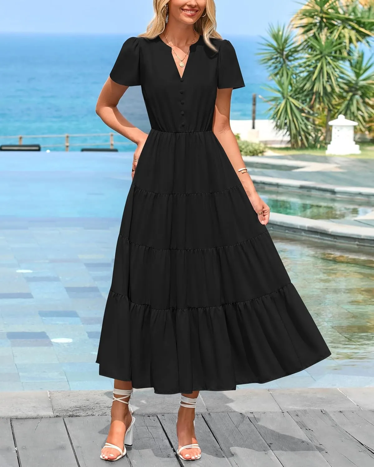 PRETTYGARDEN Women Summer Midi Dresses 2025 Casual Short Sleeve V Neck Belted Tiered Ruffle Vacation Dress with Pockets