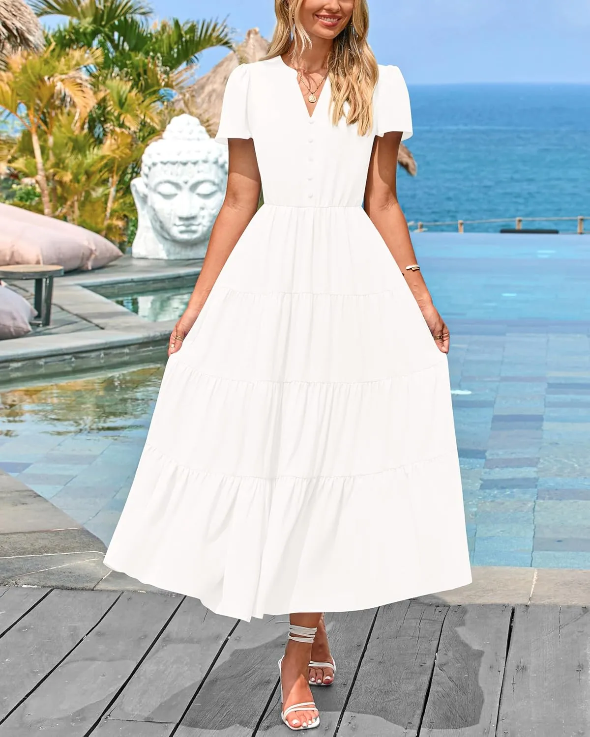PRETTYGARDEN Women Summer Midi Dresses 2025 Casual Short Sleeve V Neck Belted Tiered Ruffle Vacation Dress with Pockets