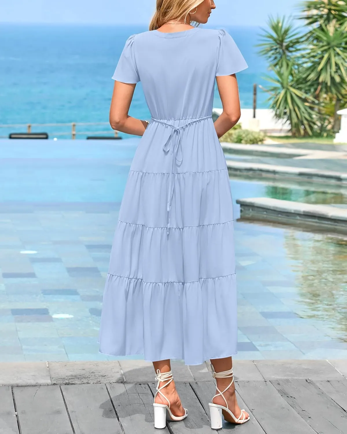 PRETTYGARDEN Women Summer Midi Dresses 2025 Casual Short Sleeve V Neck Belted Tiered Ruffle Vacation Dress with Pockets