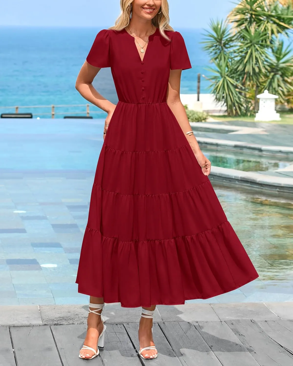 PRETTYGARDEN Women Summer Midi Dresses 2025 Casual Short Sleeve V Neck Belted Tiered Ruffle Vacation Dress with Pockets