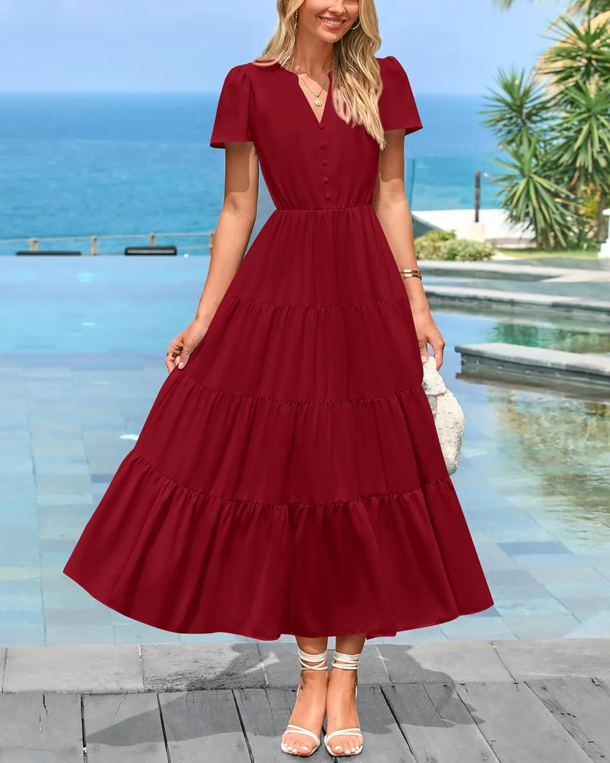 PRETTYGARDEN Women Summer Midi Dresses 2025 Casual Short Sleeve V Neck Belted Tiered Ruffle Vacation Dress with Pockets
