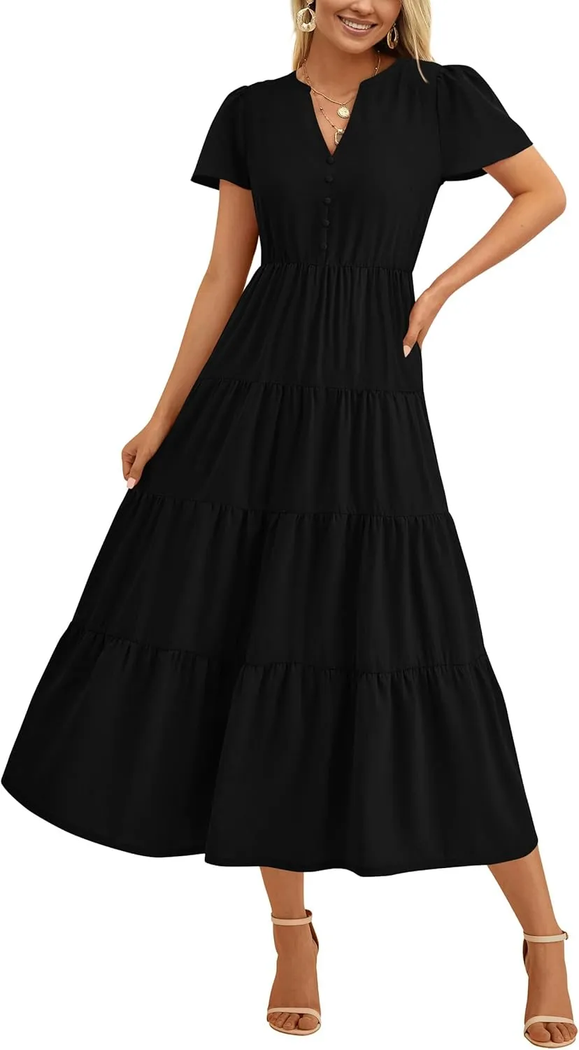PRETTYGARDEN Women Summer Midi Dresses 2025 Casual Short Sleeve V Neck Belted Tiered Ruffle Vacation Dress with Pockets