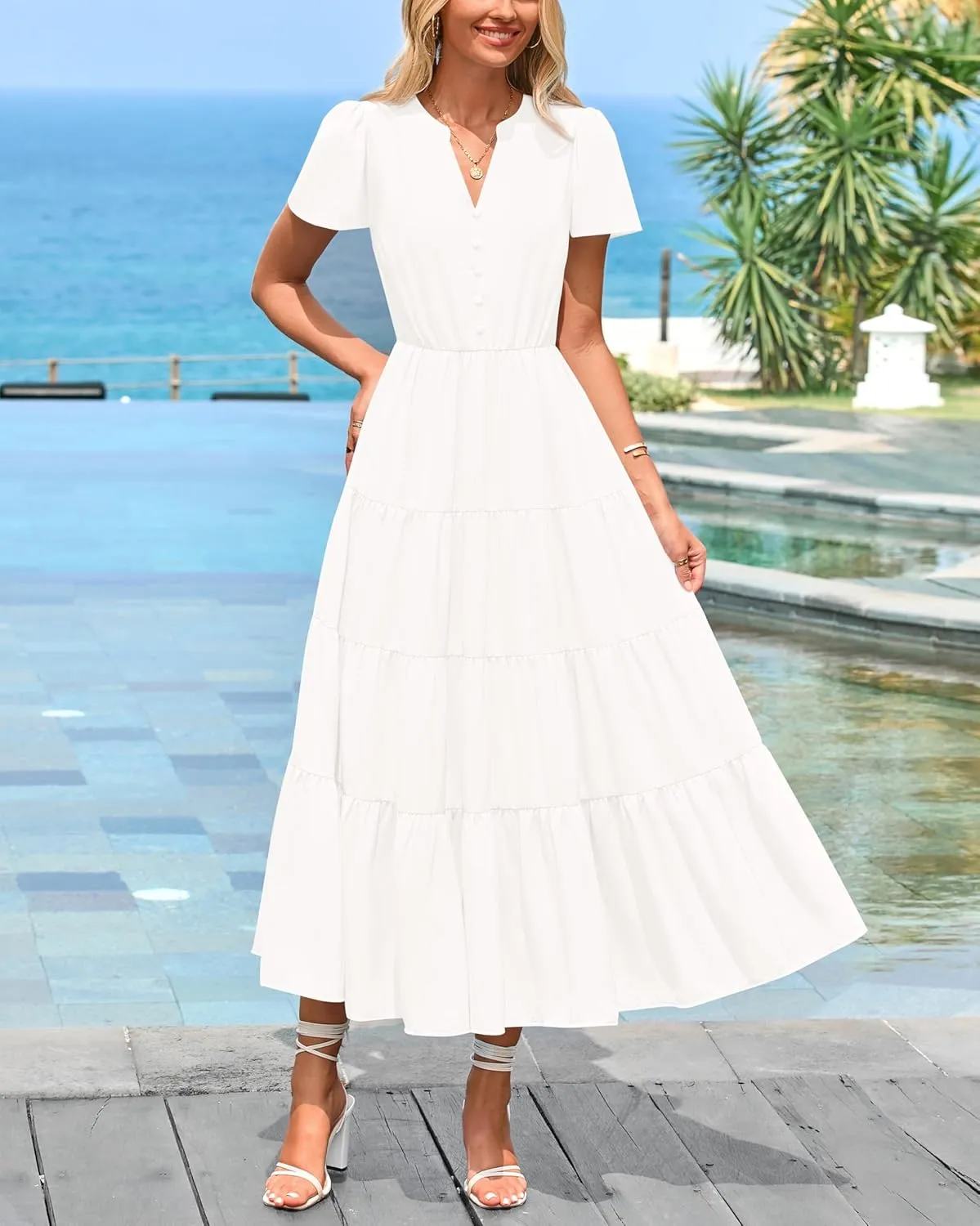 PRETTYGARDEN Women Summer Midi Dresses 2025 Casual Short Sleeve V Neck Belted Tiered Ruffle Vacation Dress with Pockets