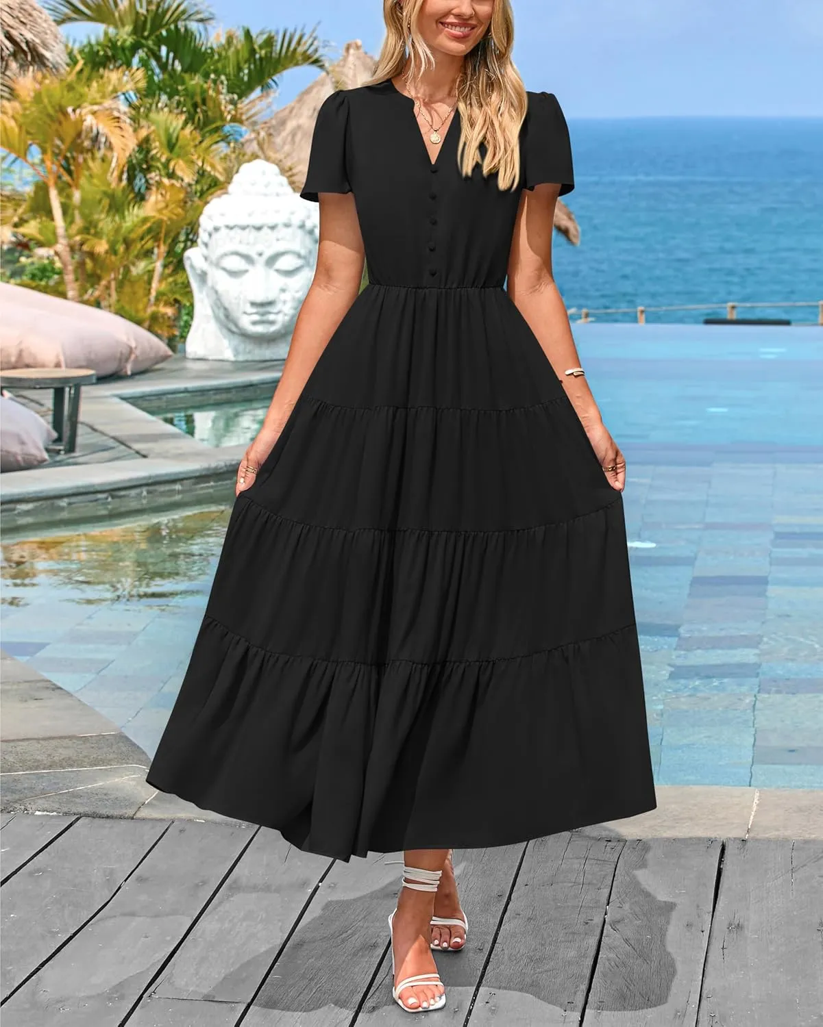 PRETTYGARDEN Women Summer Midi Dresses 2025 Casual Short Sleeve V Neck Belted Tiered Ruffle Vacation Dress with Pockets