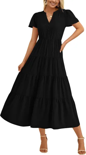 PRETTYGARDEN Women Summer Midi Dresses 2025 Casual Short Sleeve V Neck Belted Tiered Ruffle Vacation Dress with Pockets