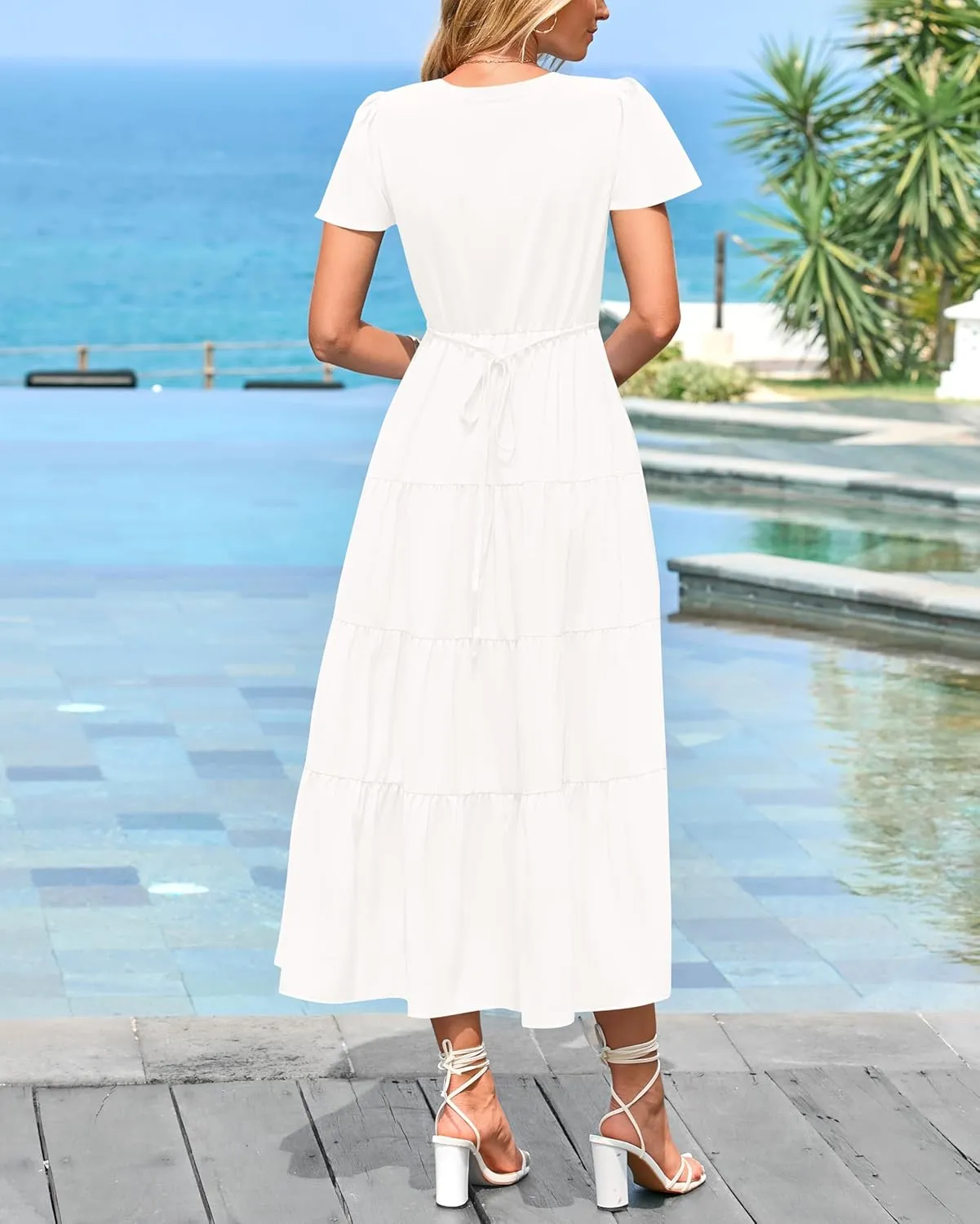 PRETTYGARDEN Women Summer Midi Dresses 2025 Casual Short Sleeve V Neck Belted Tiered Ruffle Vacation Dress with Pockets