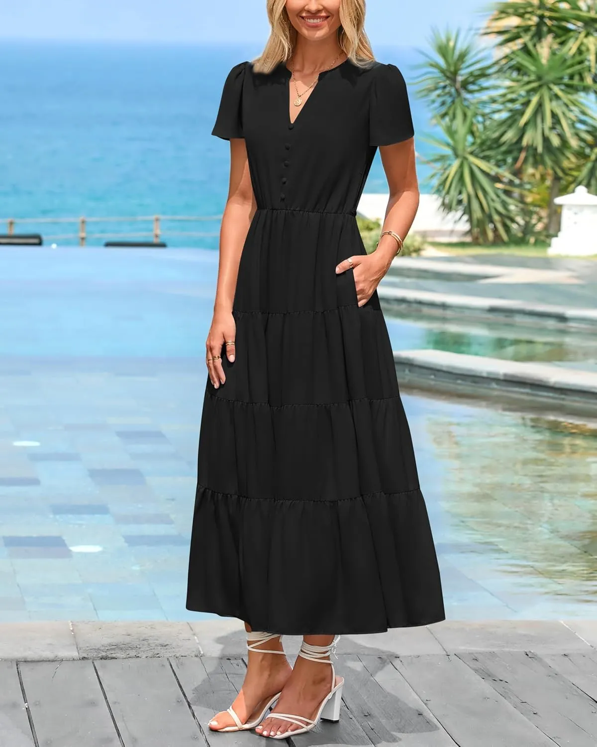 PRETTYGARDEN Women Summer Midi Dresses 2025 Casual Short Sleeve V Neck Belted Tiered Ruffle Vacation Dress with Pockets