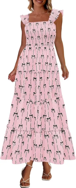 PRETTYGARDEN Women's 2025 Floral Maxi Sundress Smocked Tank Dress Sleeveless Ruffle Summer Tiered Long Dresses