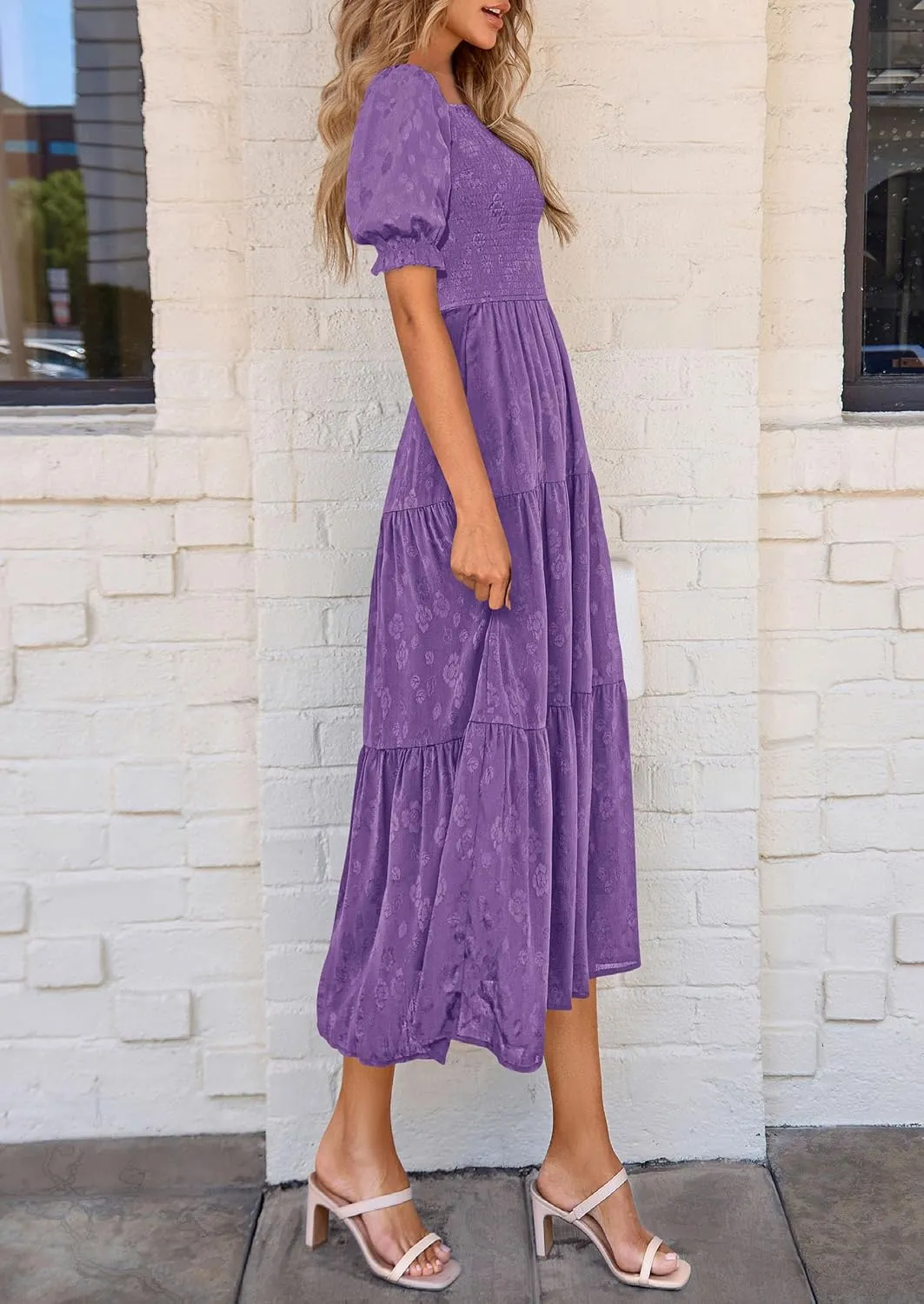 PRETTYGARDEN Women's 2025 Summer Casual Midi Dresses Square Neck Short Sleeve Smocked A Line Floral Flowy Elegant Boho Dress
