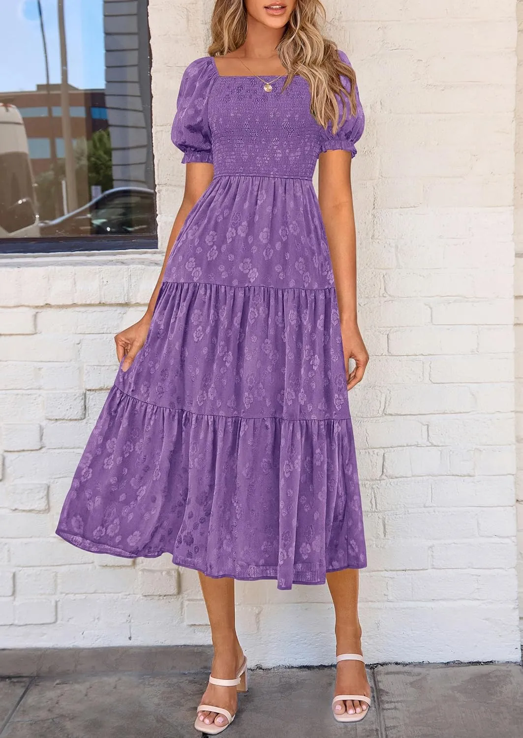 PRETTYGARDEN Women's 2025 Summer Casual Midi Dresses Square Neck Short Sleeve Smocked A Line Floral Flowy Elegant Boho Dress