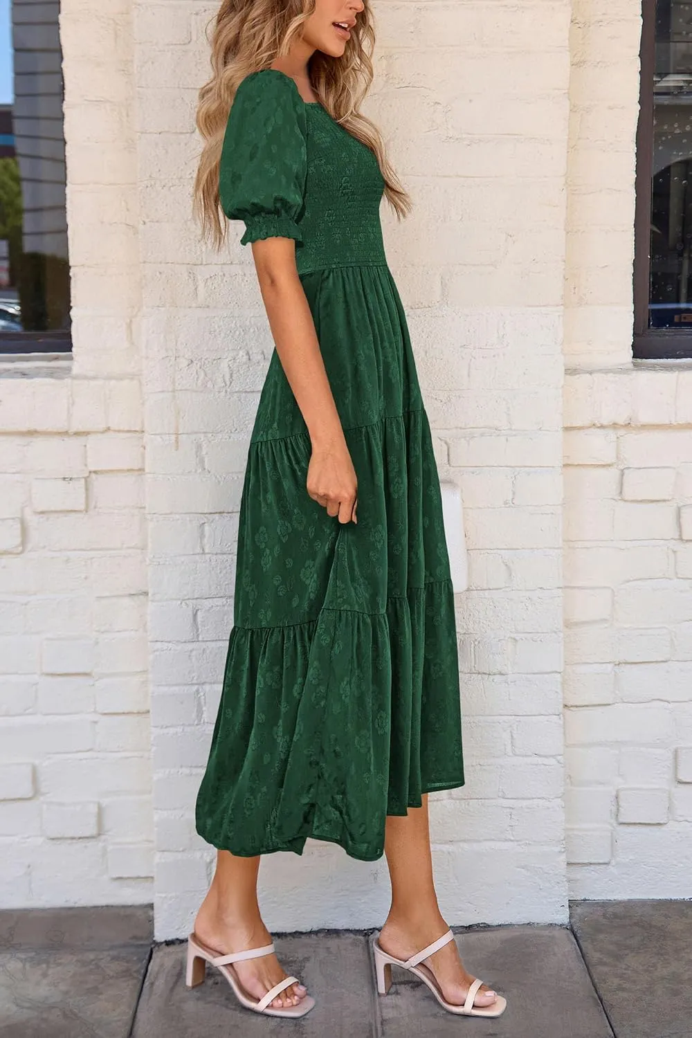 PRETTYGARDEN Women's 2025 Summer Casual Midi Dresses Square Neck Short Sleeve Smocked A Line Floral Flowy Elegant Boho Dress