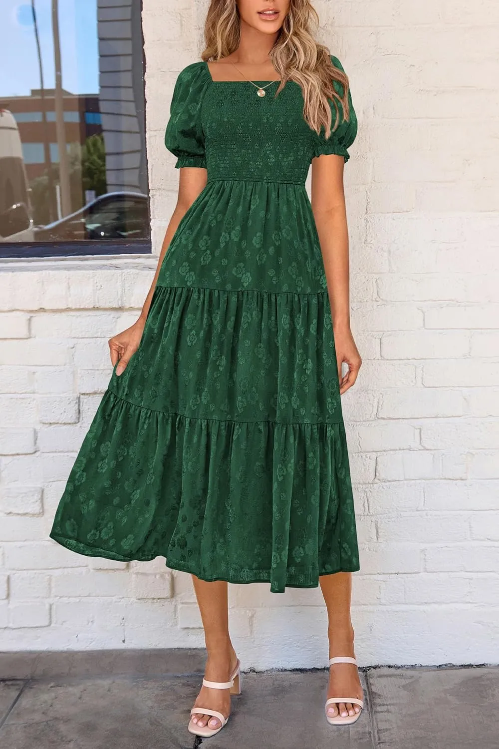 PRETTYGARDEN Women's 2025 Summer Casual Midi Dresses Square Neck Short Sleeve Smocked A Line Floral Flowy Elegant Boho Dress