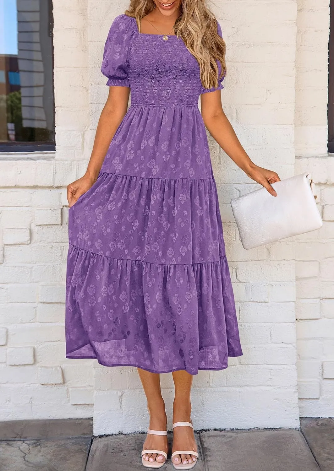 PRETTYGARDEN Women's 2025 Summer Casual Midi Dresses Square Neck Short Sleeve Smocked A Line Floral Flowy Elegant Boho Dress