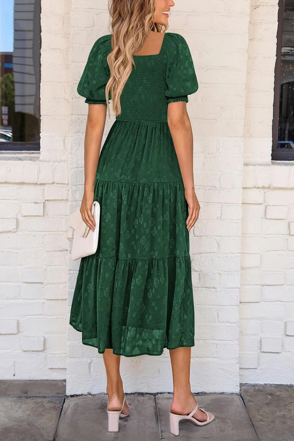PRETTYGARDEN Women's 2025 Summer Casual Midi Dresses Square Neck Short Sleeve Smocked A Line Floral Flowy Elegant Boho Dress