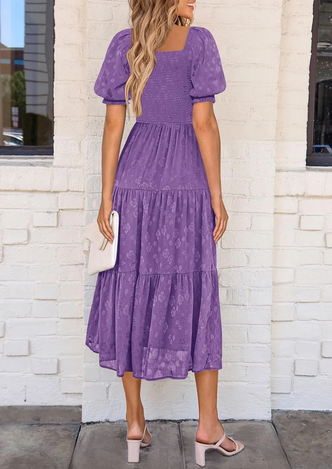 PRETTYGARDEN Women's 2025 Summer Casual Midi Dresses Square Neck Short Sleeve Smocked A Line Floral Flowy Elegant Boho Dress