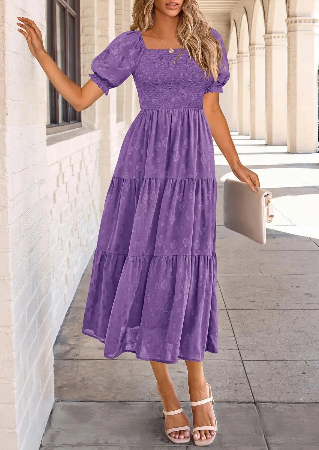 PRETTYGARDEN Women's 2025 Summer Casual Midi Dresses Square Neck Short Sleeve Smocked A Line Floral Flowy Elegant Boho Dress
