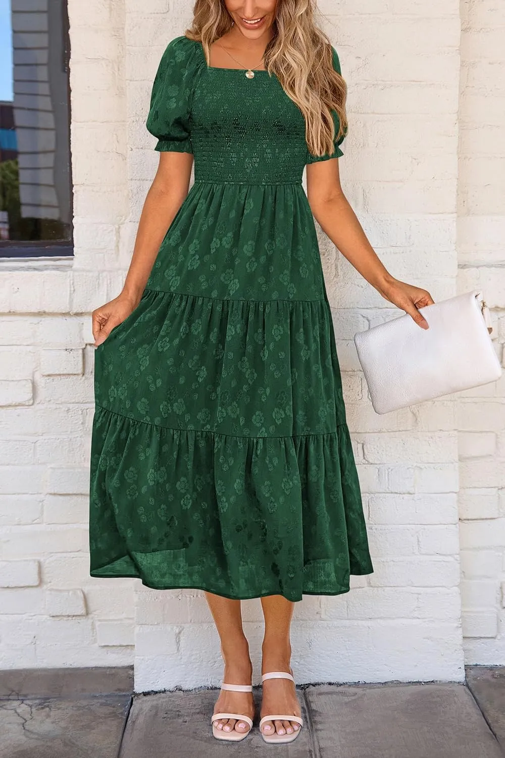 PRETTYGARDEN Women's 2025 Summer Casual Midi Dresses Square Neck Short Sleeve Smocked A Line Floral Flowy Elegant Boho Dress