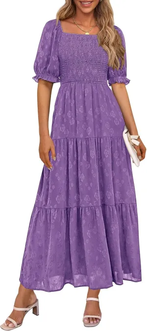 PRETTYGARDEN Women's 2025 Summer Casual Midi Dresses Square Neck Short Sleeve Smocked A Line Floral Flowy Elegant Boho Dress
