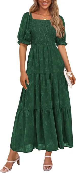 PRETTYGARDEN Women's 2025 Summer Casual Midi Dresses Square Neck Short Sleeve Smocked A Line Floral Flowy Elegant Boho Dress