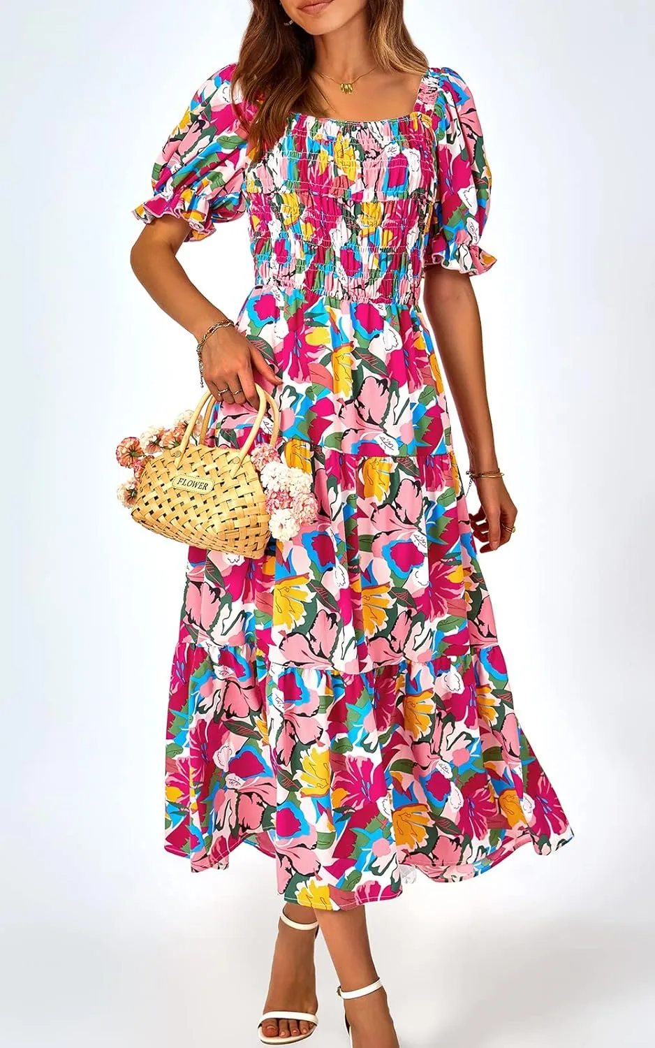 PRETTYGARDEN Women's Boho Floral Print Summer Dresses Square Neck Puff Sleeve A Line Long Dress Smocked Casual Maxi Dress