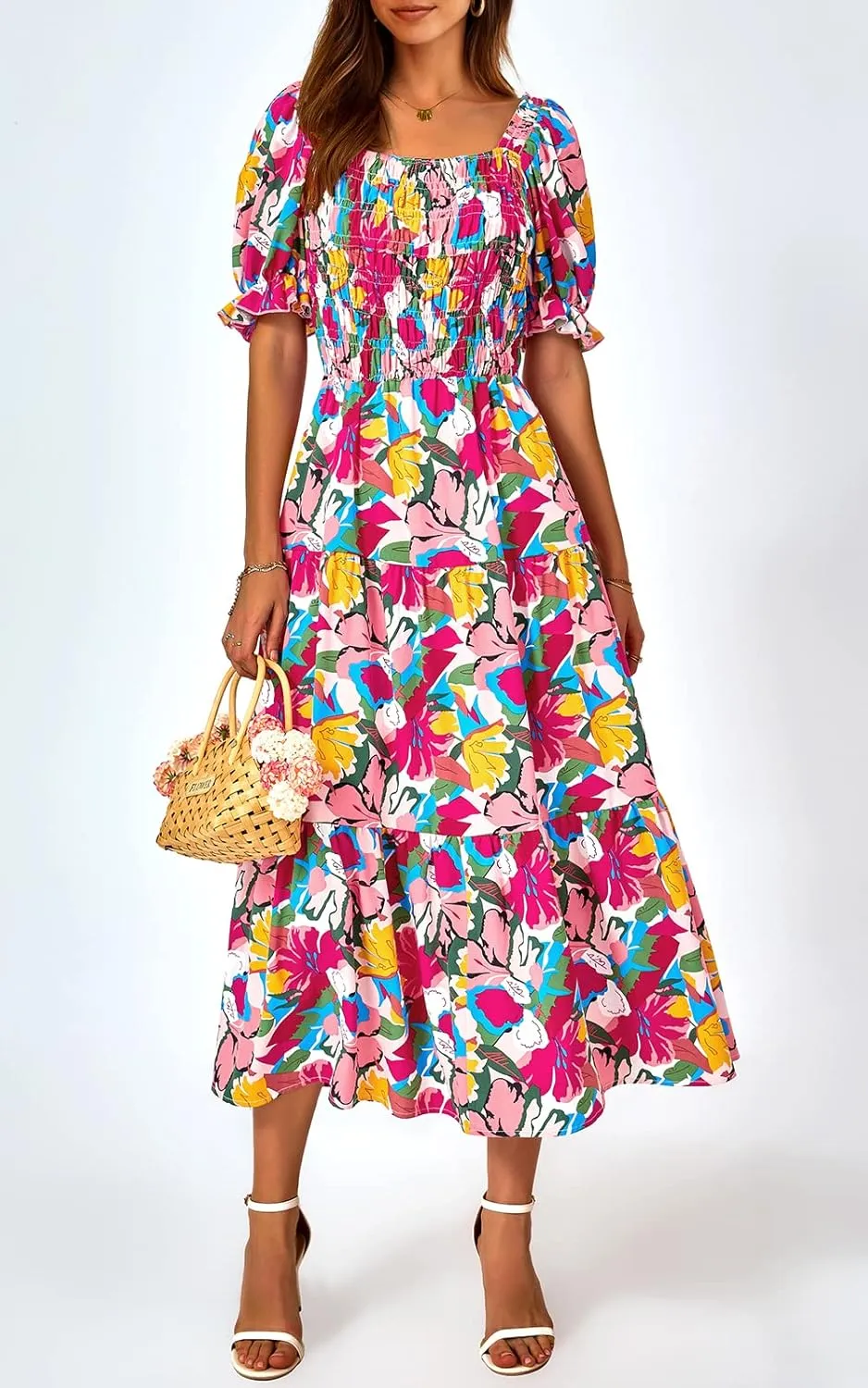 PRETTYGARDEN Women's Boho Floral Print Summer Dresses Square Neck Puff Sleeve A Line Long Dress Smocked Casual Maxi Dress