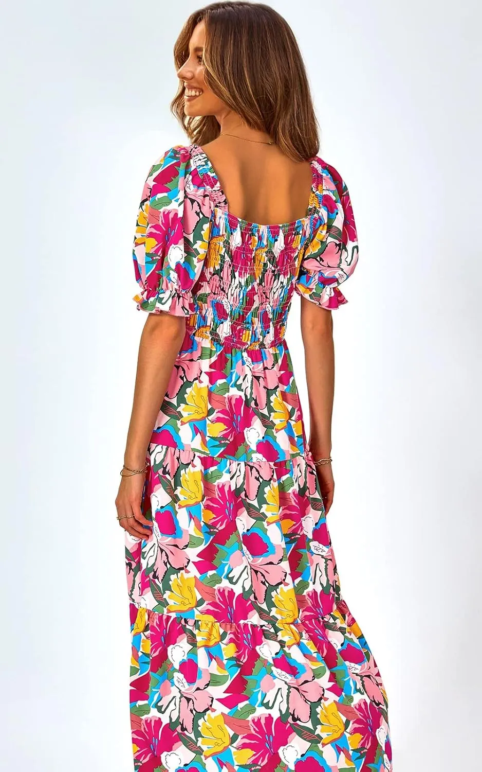 PRETTYGARDEN Women's Boho Floral Print Summer Dresses Square Neck Puff Sleeve A Line Long Dress Smocked Casual Maxi Dress