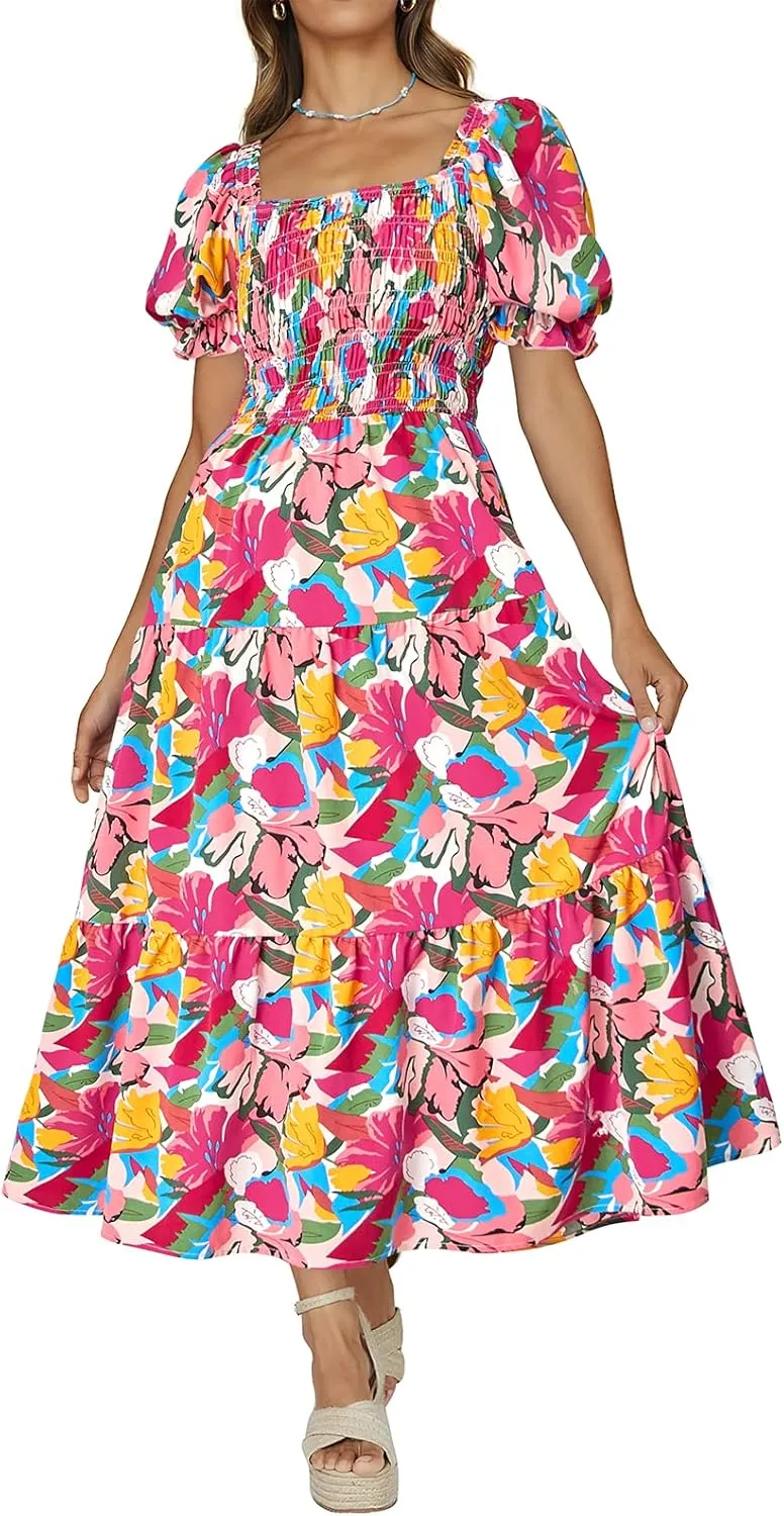 PRETTYGARDEN Women's Boho Floral Print Summer Dresses Square Neck Puff Sleeve A Line Long Dress Smocked Casual Maxi Dress