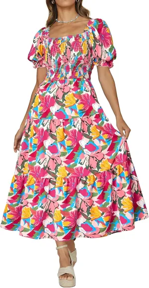PRETTYGARDEN Women's Boho Floral Print Summer Dresses Square Neck Puff Sleeve A Line Long Dress Smocked Casual Maxi Dress