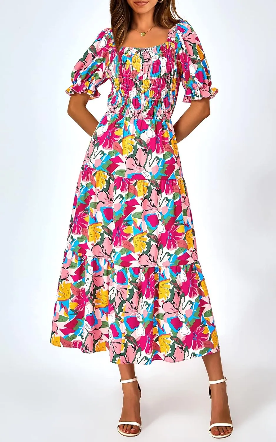 PRETTYGARDEN Women's Boho Floral Print Summer Dresses Square Neck Puff Sleeve A Line Long Dress Smocked Casual Maxi Dress