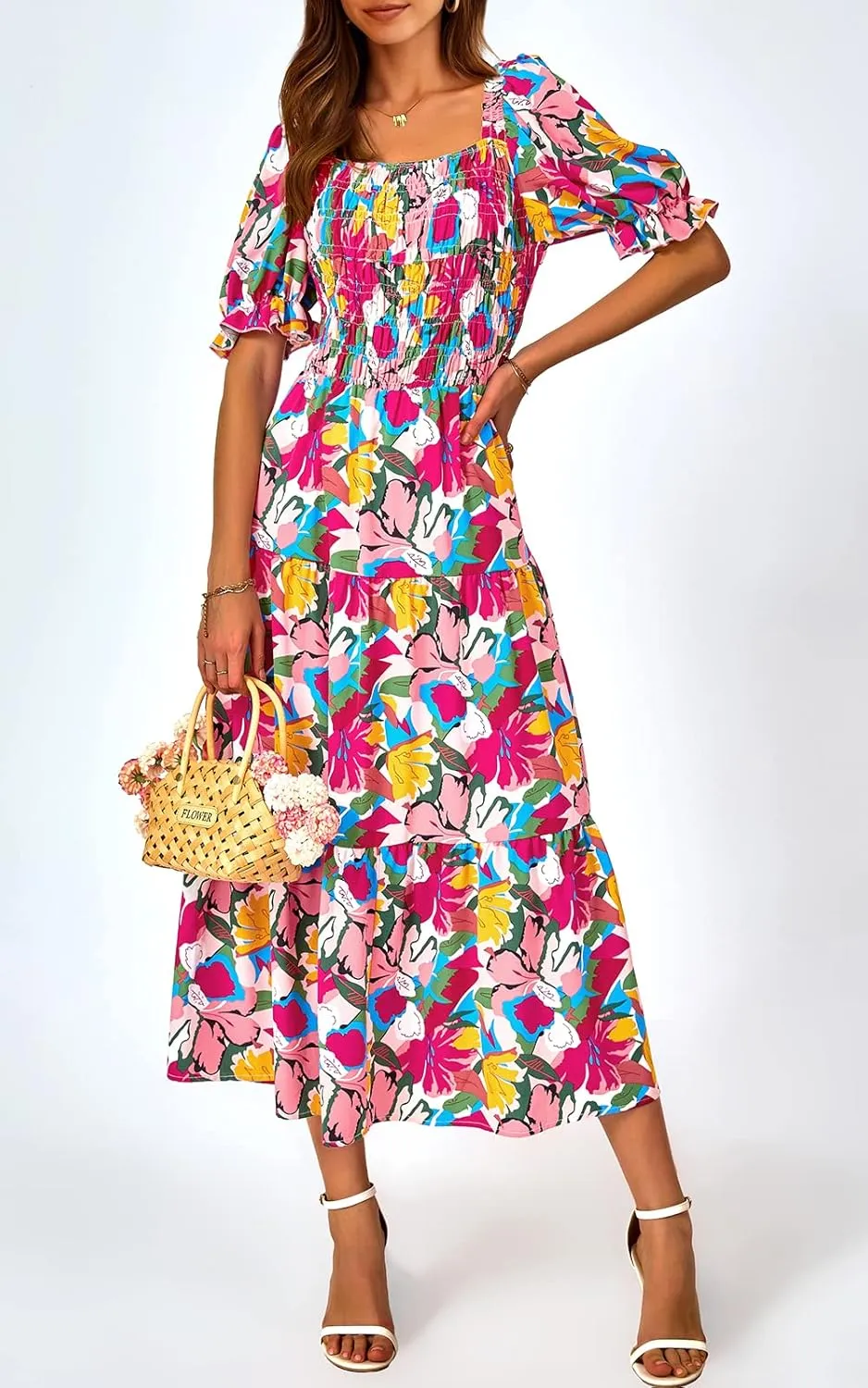 PRETTYGARDEN Women's Boho Floral Print Summer Dresses Square Neck Puff Sleeve A Line Long Dress Smocked Casual Maxi Dress