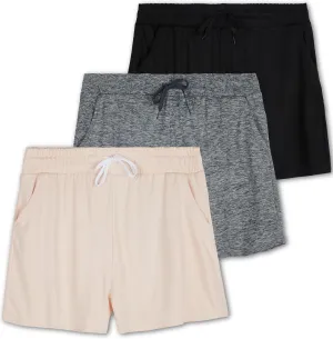 Real Essentials 3 Pack: Girl's Lounge Soft Comfy Shorts with Drawstring - Yoga Athletic Sweat Shorts with Pockets