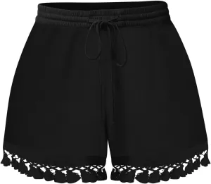 Rvidbe Women's Elastic High Waisted Lace Tassel Cotton Shorts Summer Casual Lightweight Wide Leg Drawstring Soft Shorts