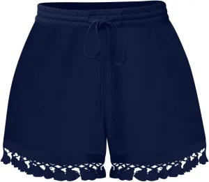 Rvidbe Women's Elastic High Waisted Lace Tassel Cotton Shorts Summer Casual Lightweight Wide Leg Drawstring Soft Shorts