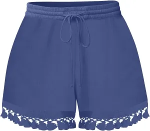 Rvidbe Women's Elastic High Waisted Lace Tassel Cotton Shorts Summer Casual Lightweight Wide Leg Drawstring Soft Shorts
