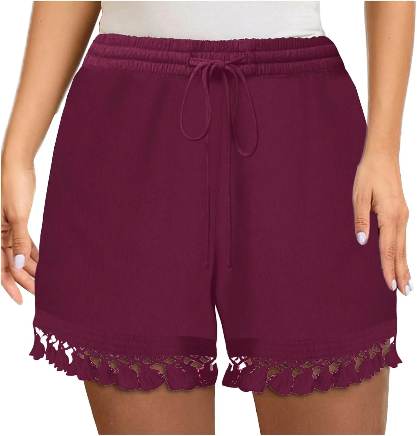 Rvidbe Women's Elastic High Waisted Lace Tassel Cotton Shorts Summer Casual Lightweight Wide Leg Drawstring Soft Shorts