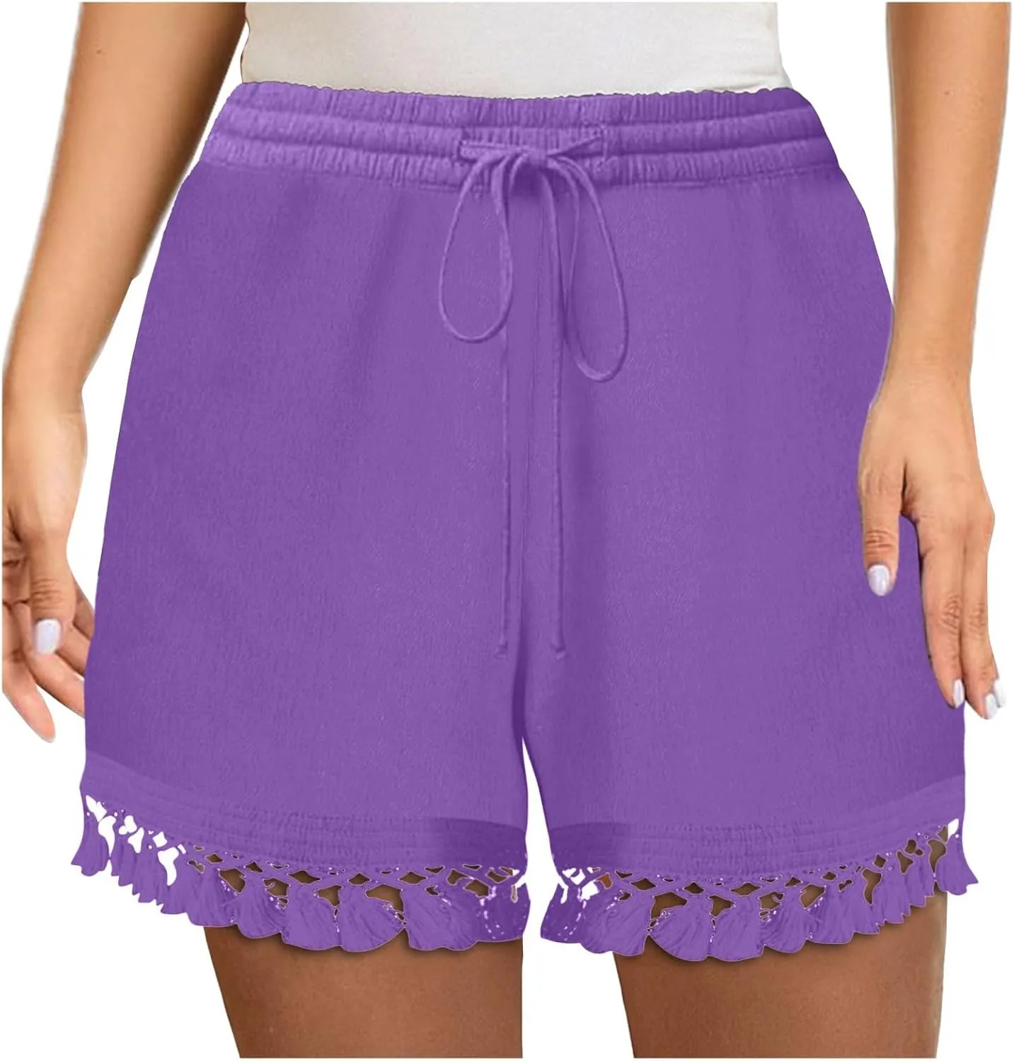 Rvidbe Women's Elastic High Waisted Lace Tassel Cotton Shorts Summer Casual Lightweight Wide Leg Drawstring Soft Shorts