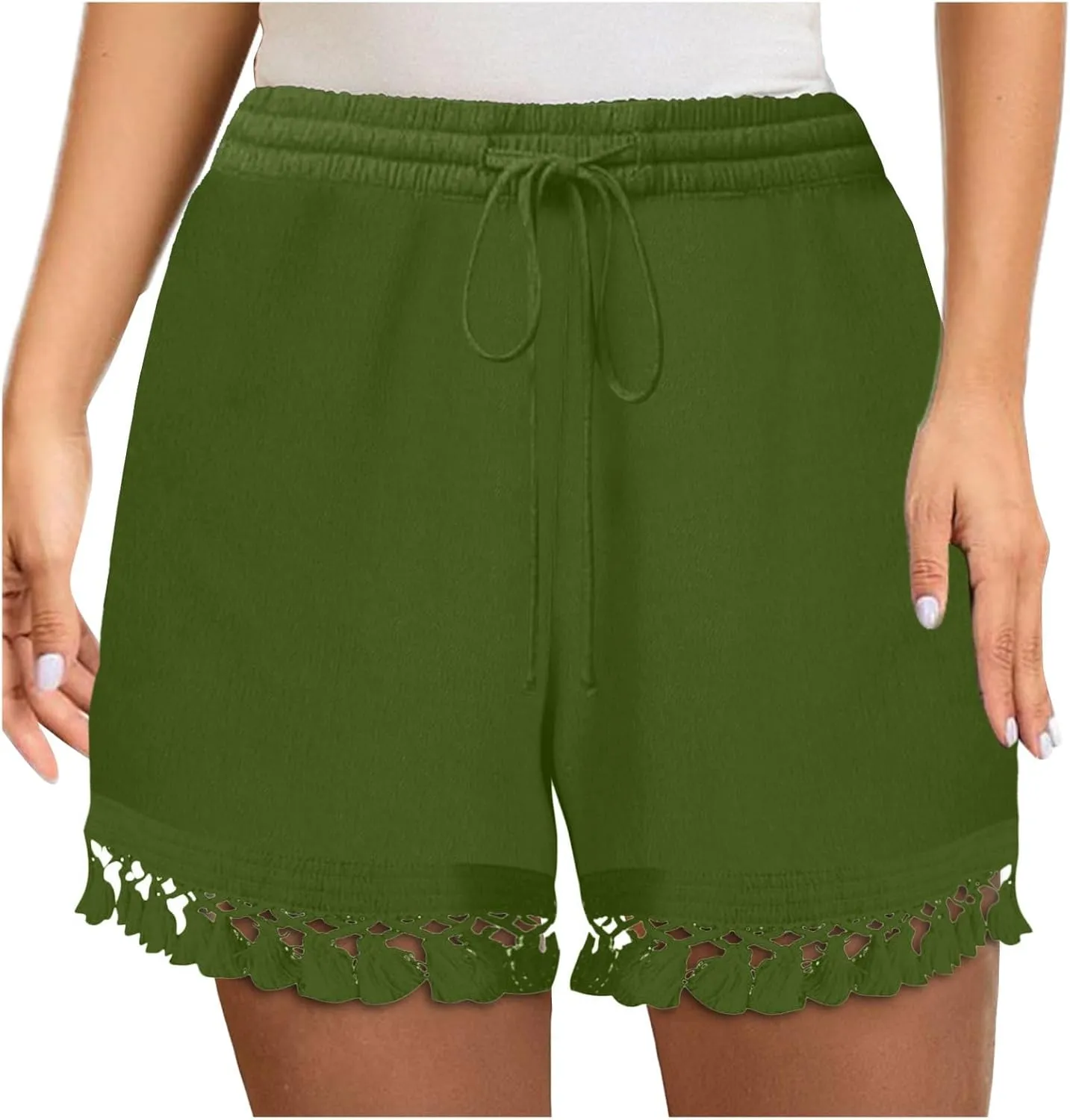 Rvidbe Women's Elastic High Waisted Lace Tassel Cotton Shorts Summer Casual Lightweight Wide Leg Drawstring Soft Shorts