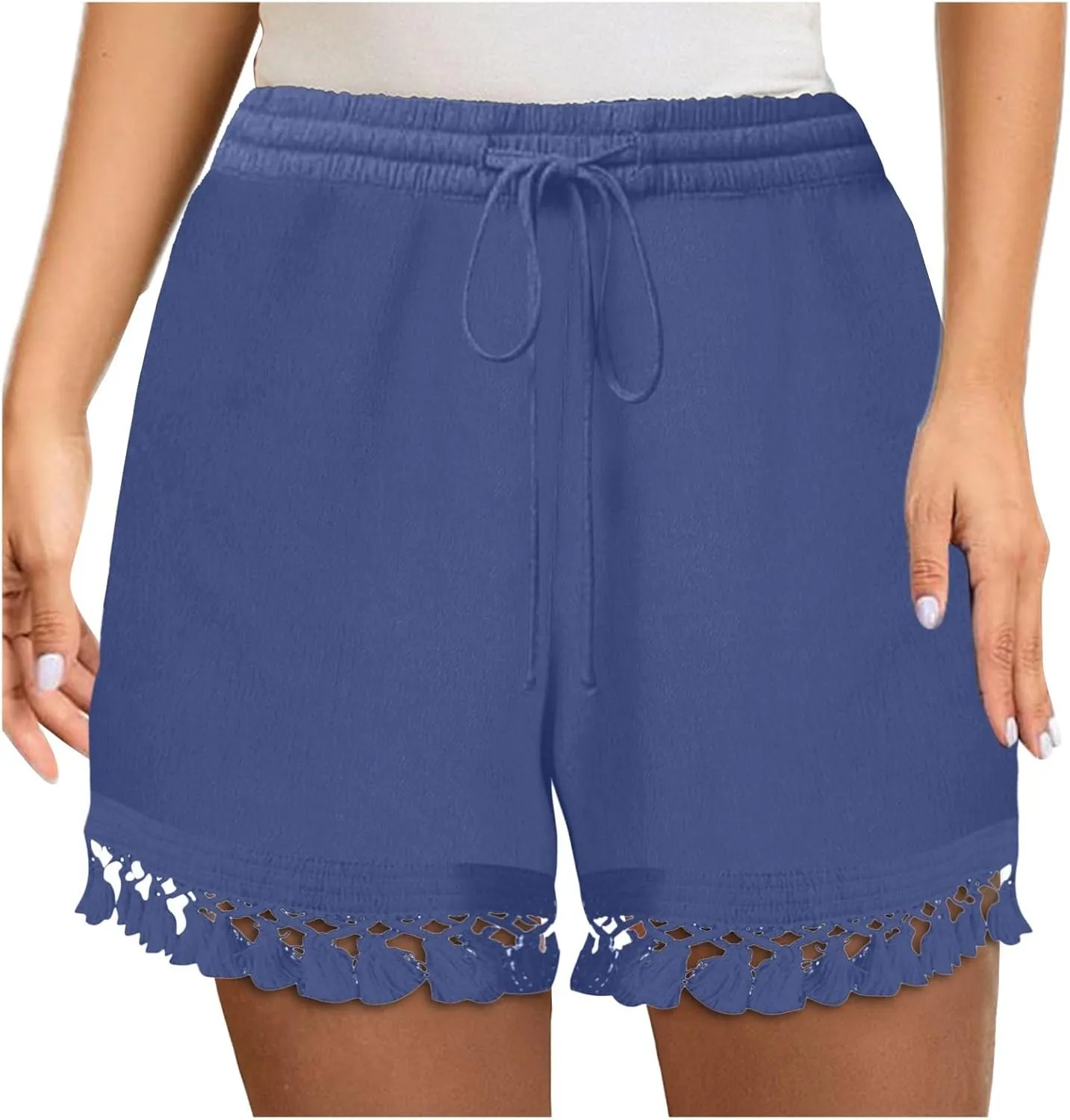 Rvidbe Women's Elastic High Waisted Lace Tassel Cotton Shorts Summer Casual Lightweight Wide Leg Drawstring Soft Shorts