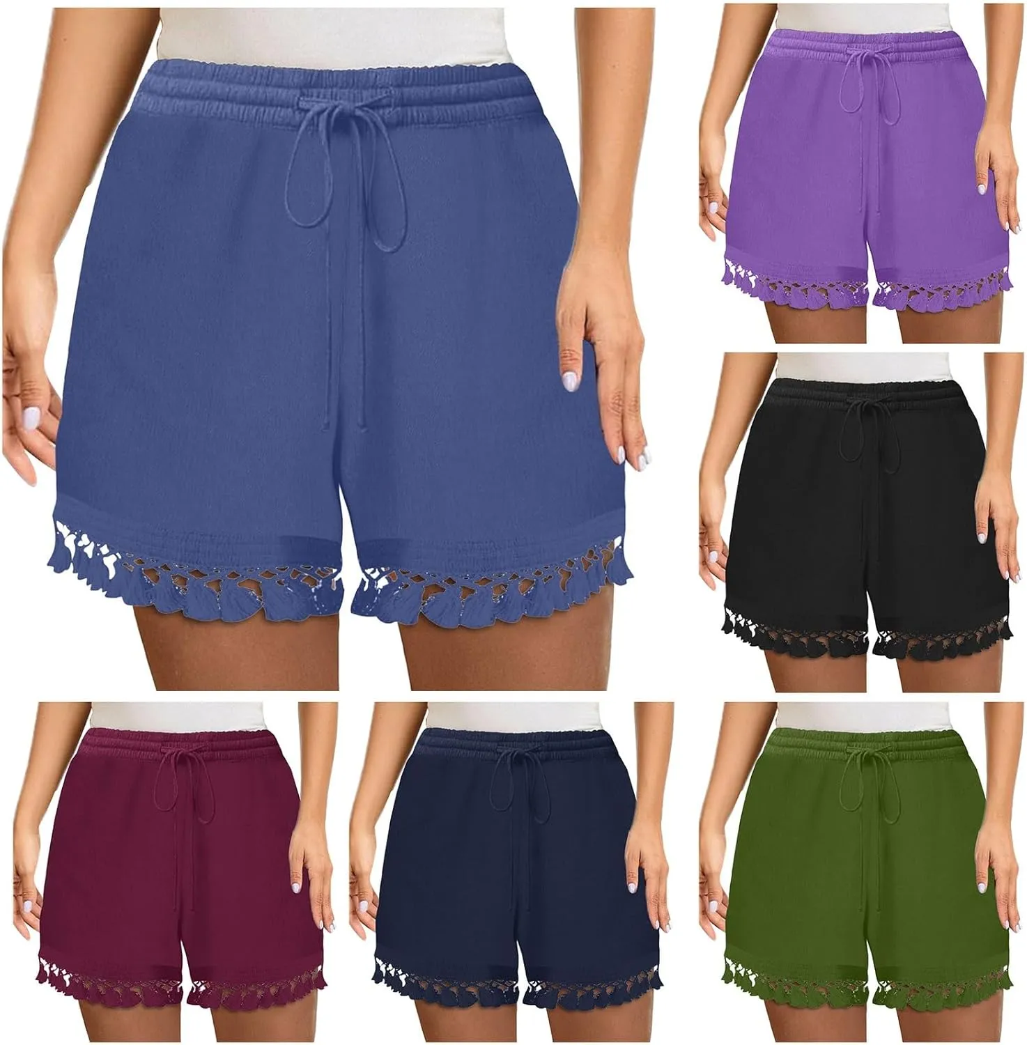 Rvidbe Women's Elastic High Waisted Lace Tassel Cotton Shorts Summer Casual Lightweight Wide Leg Drawstring Soft Shorts