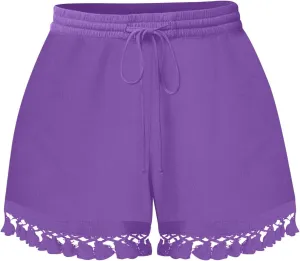 Rvidbe Women's Elastic High Waisted Lace Tassel Cotton Shorts Summer Casual Lightweight Wide Leg Drawstring Soft Shorts