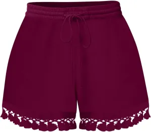 Rvidbe Women's Elastic High Waisted Lace Tassel Cotton Shorts Summer Casual Lightweight Wide Leg Drawstring Soft Shorts