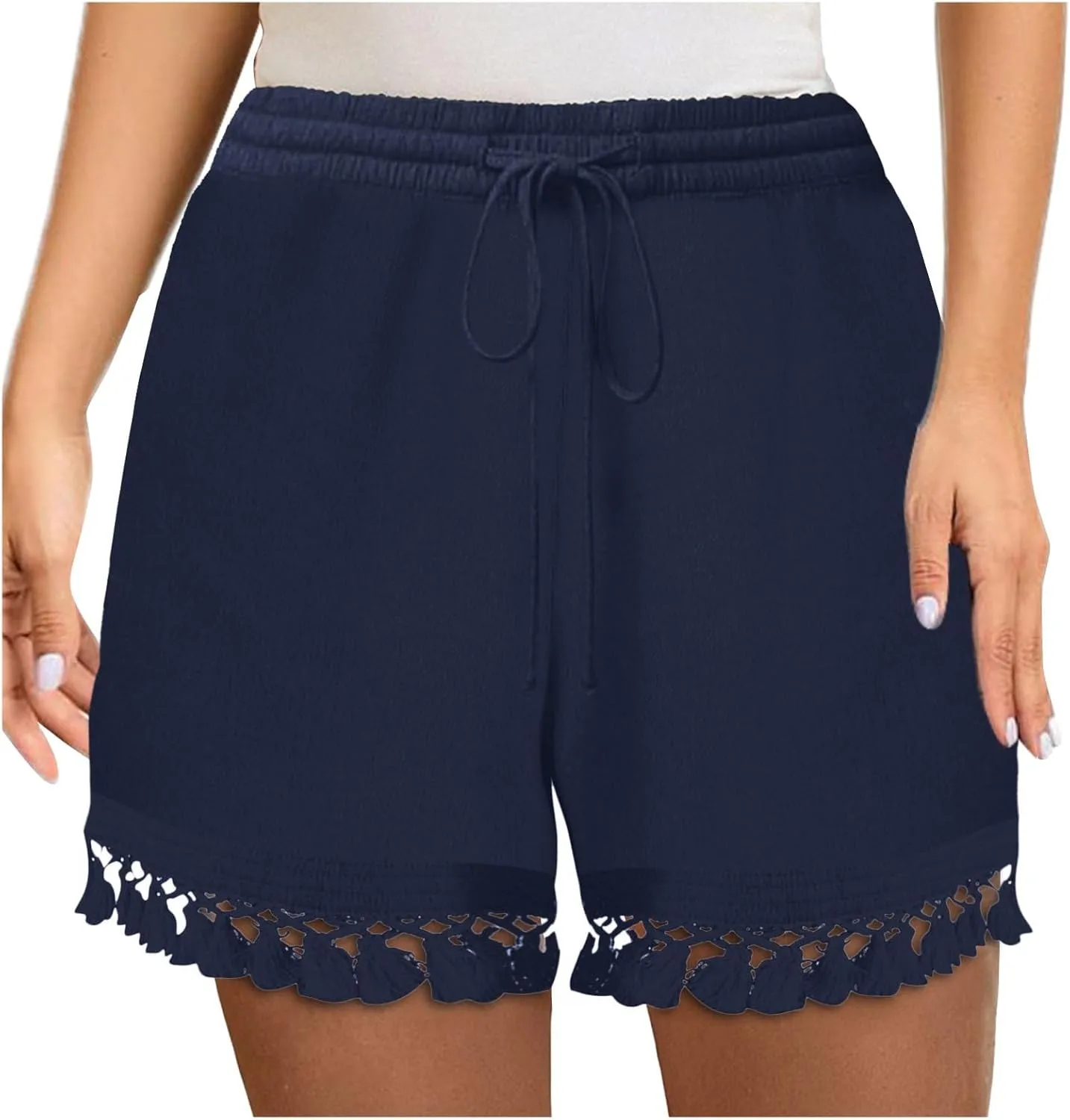 Rvidbe Women's Elastic High Waisted Lace Tassel Cotton Shorts Summer Casual Lightweight Wide Leg Drawstring Soft Shorts