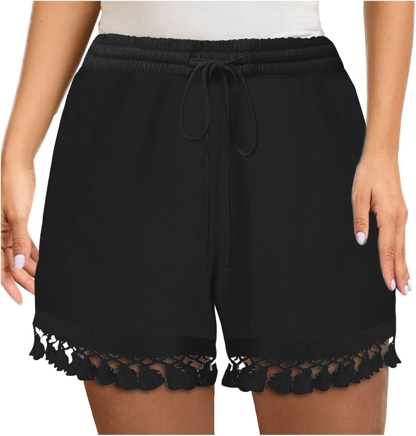 Rvidbe Women's Elastic High Waisted Lace Tassel Cotton Shorts Summer Casual Lightweight Wide Leg Drawstring Soft Shorts