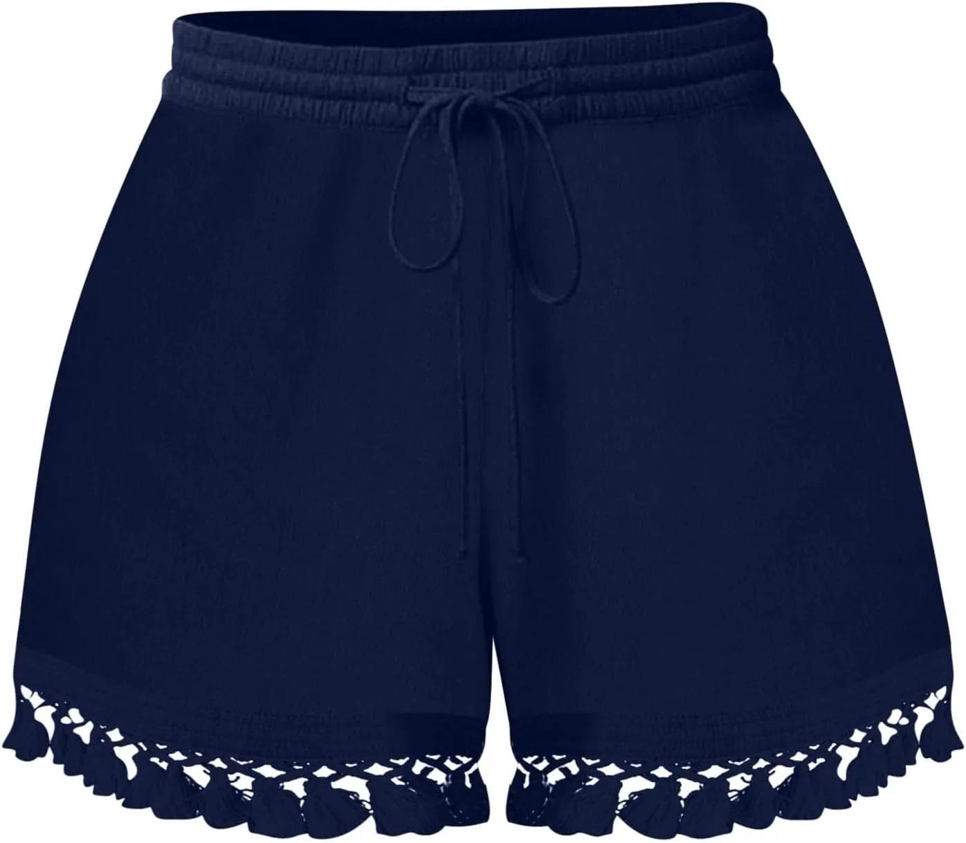 Rvidbe Women's Elastic High Waisted Lace Tassel Cotton Shorts Summer Casual Lightweight Wide Leg Drawstring Soft Shorts