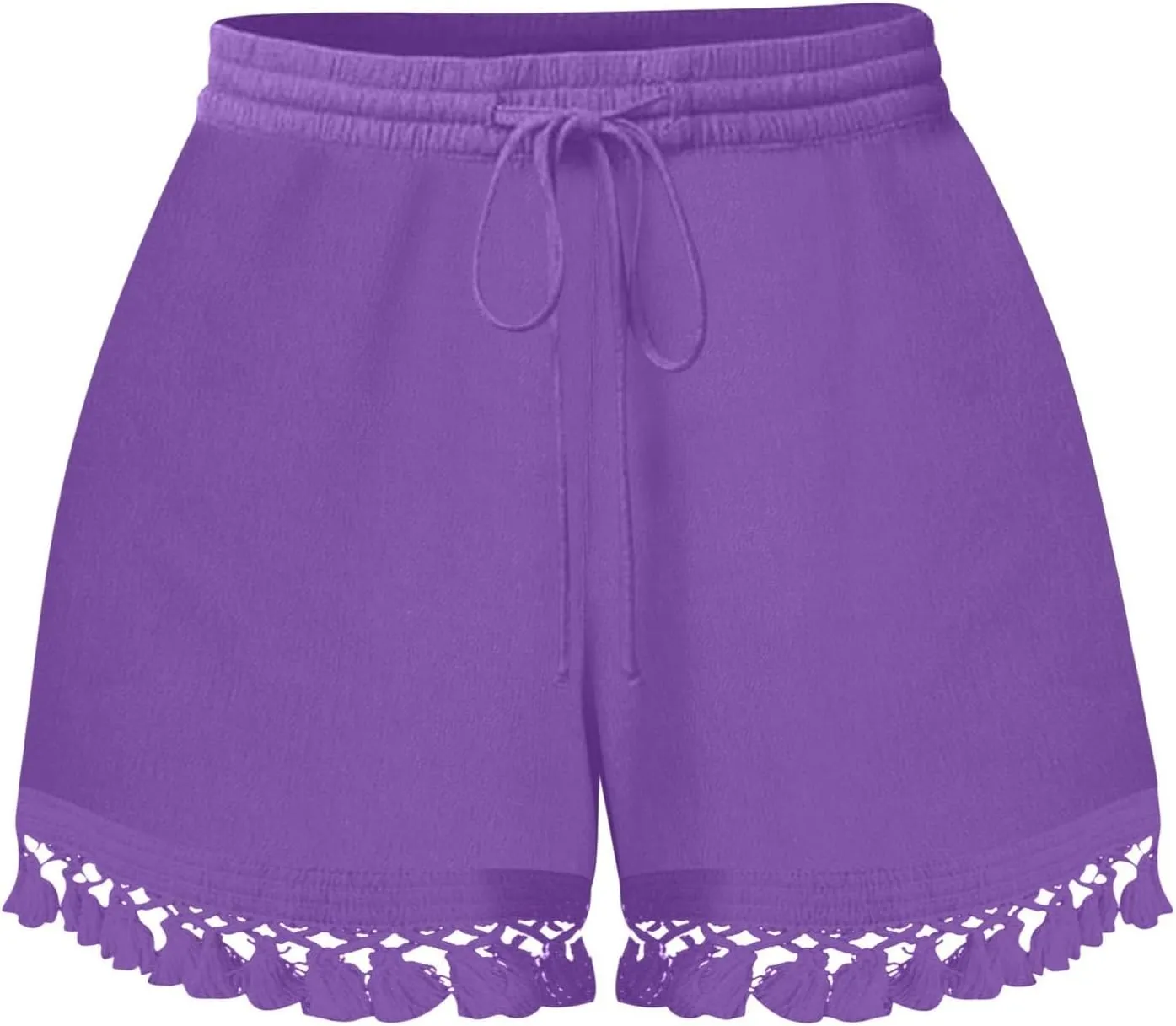 Rvidbe Women's Elastic High Waisted Lace Tassel Cotton Shorts Summer Casual Lightweight Wide Leg Drawstring Soft Shorts