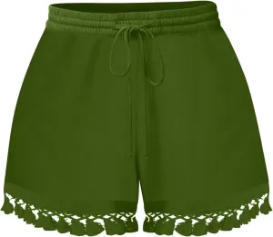 Rvidbe Women's Elastic High Waisted Lace Tassel Cotton Shorts Summer Casual Lightweight Wide Leg Drawstring Soft Shorts